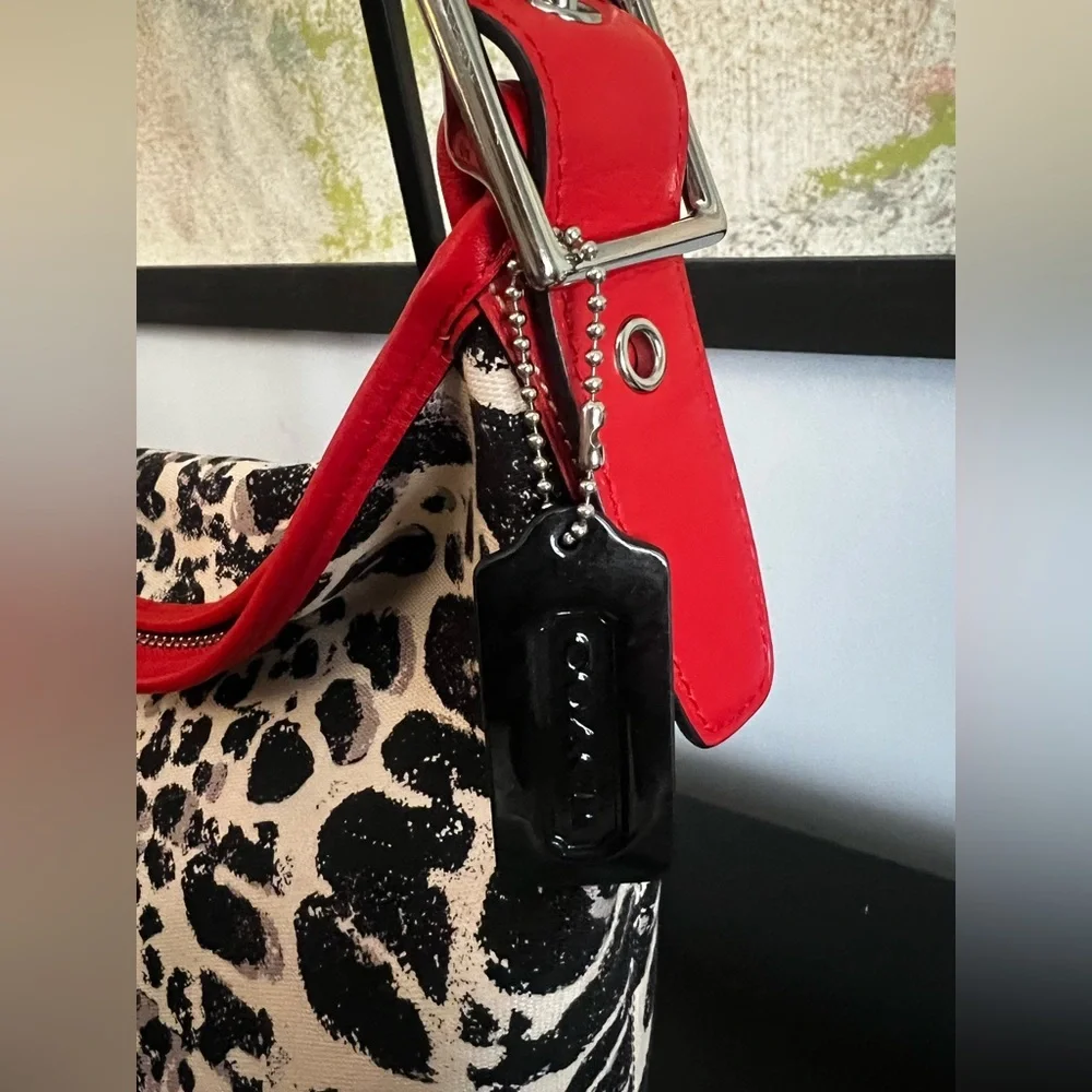 COACH Legacy Ocelot Print Hobo Black Red Multi Canvas Leather Handbag